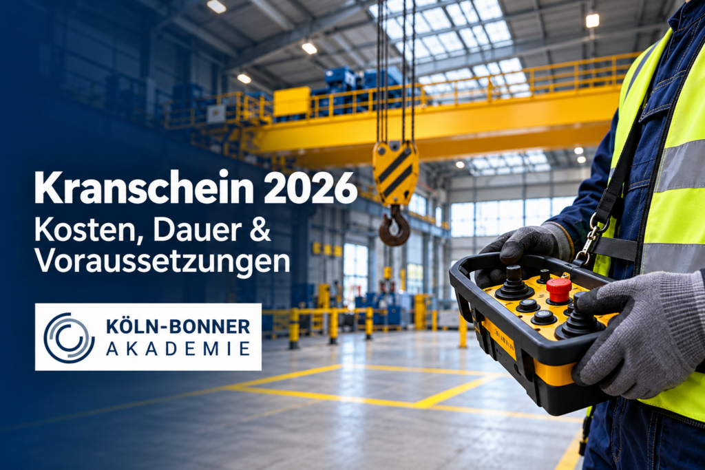Kranschein 2026: Kosten, Dauer und Voraussetzungen – Kranbediener mit Funksteuerung vor einem Hallenkran.