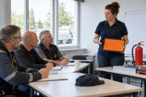 Dozentin erklärt Berufskraftfahrern im ADR-Auffrischungskurs eine orangefarbene Gefahrgut-Warntafel.