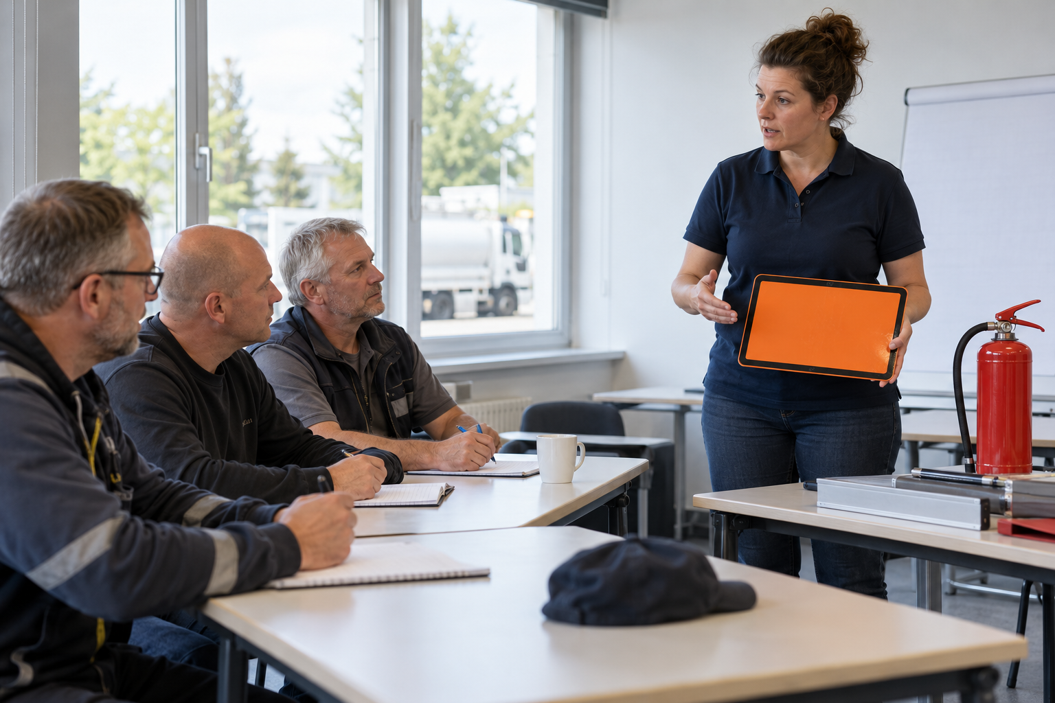 Dozentin erklärt Berufskraftfahrern im ADR-Auffrischungskurs eine orangefarbene Gefahrgut-Warntafel.