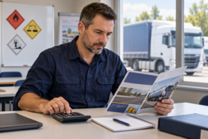 Lkw-Fahrer plant die Kosten für den ADR-Basiskurs mit Kursbroschüre, Taschenrechner und Notizbuch.