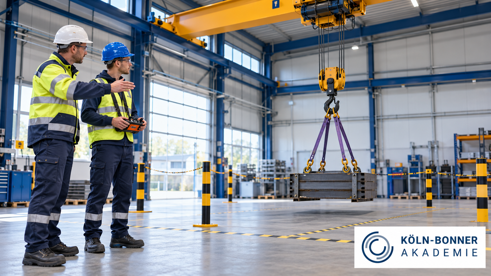 Teilnehmer bedient einen Brückenkran per Funksteuerung unter Anleitung eines Ausbilders in einer Industriehalle.