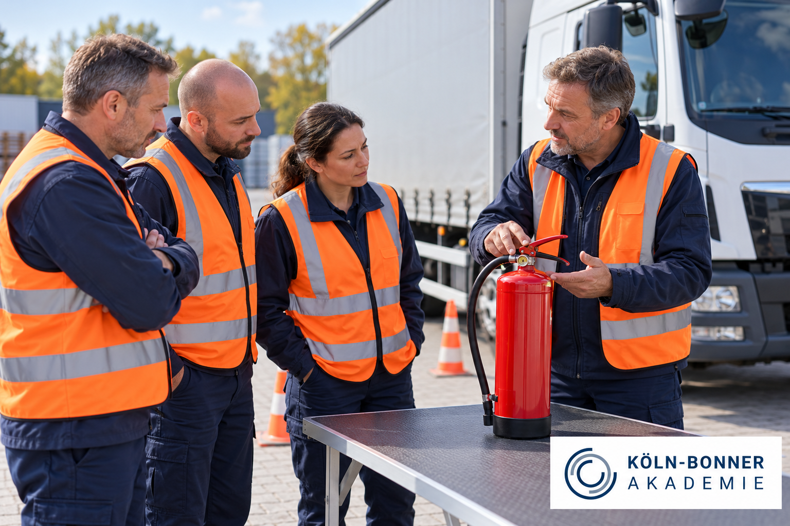 Ausbilder erklärt einem Fahrerteam einen Feuerlöscher bei der ADR-Auffrischung.